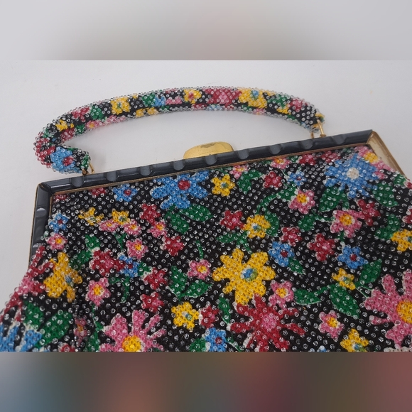 Vintage Beaded Purse Colorful Floral Flowers 80s 90s Hand Bag Satchel - Picture 10 of 11